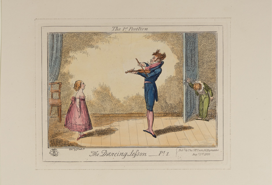 A coloured etching of two children learning to dance steps from a dancing teacher, playing the violin, in a blue suit.